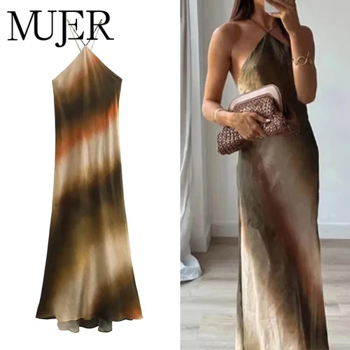 MUJER Tie dye vestido largo con cuello Halter para mujer, vestido sin mangas con hombros descubiertos y espalda descubierta, vestidos Vintage de verano 2025, vestidos de fiesta para mujer