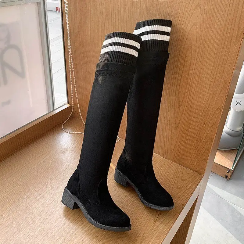 Knee Thigh High New In Women\'s Sock Boots Hot Padded Long Shoes for Women Winter 2024 Elastic Black on Promotion with Low Heels