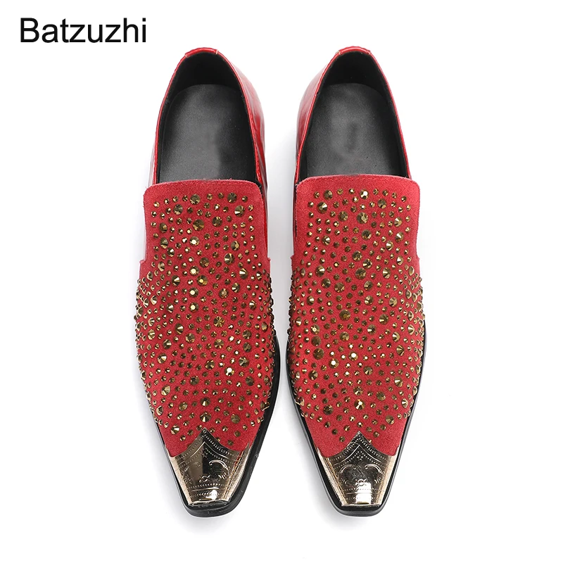 

Batzuzhi 6cm Heels Men's Shoes Pointed Metal Toe Genuine Leather Dress Shoes Men Rhinestone Red Business, Party/Wedding Man