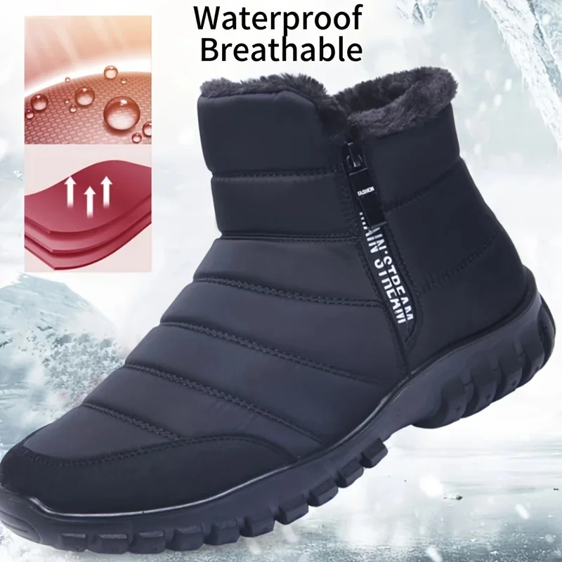 Men's Autumn Winter Side Zipper Snow Ankle Boots Waterproof Plush Lined Warm Casual Cotton Shoes, Free Shipping