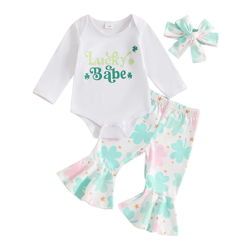 

Baby Girls 3Pcs Spring Outfits Long Sleeve Romper Shamrock Print Pants Headband Set Newborn Clothes