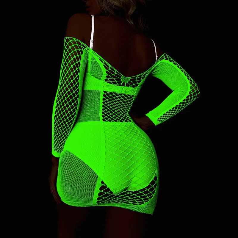 المرأة مضيئة اليراع مضيئة تنورة قصيرة الورك تنورة مضيئة شبكة معطف جوفاء مثير طويلة الأكمام منظور الكتف