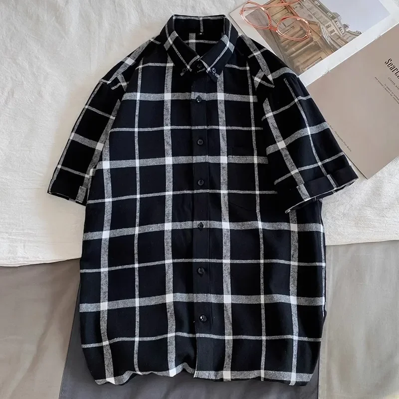 Men's Summer Short Sleeved Plaid Shirt Loose Casual Teenagers Cardigan Shirt Men Tops