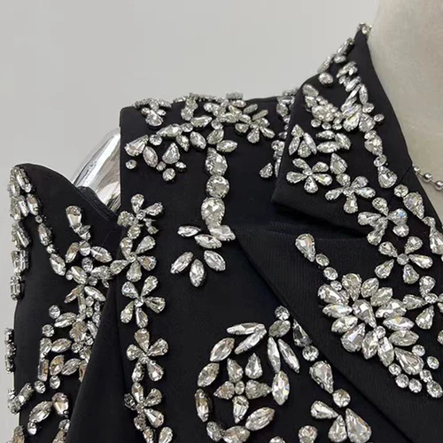 캣워크 핸드워크 비즈 다이아몬드 할로우 웨이스트 라펠 실종 어깨 세트 재킷, 2025 용수철 여성용 새로운 패션 재킷 상의 