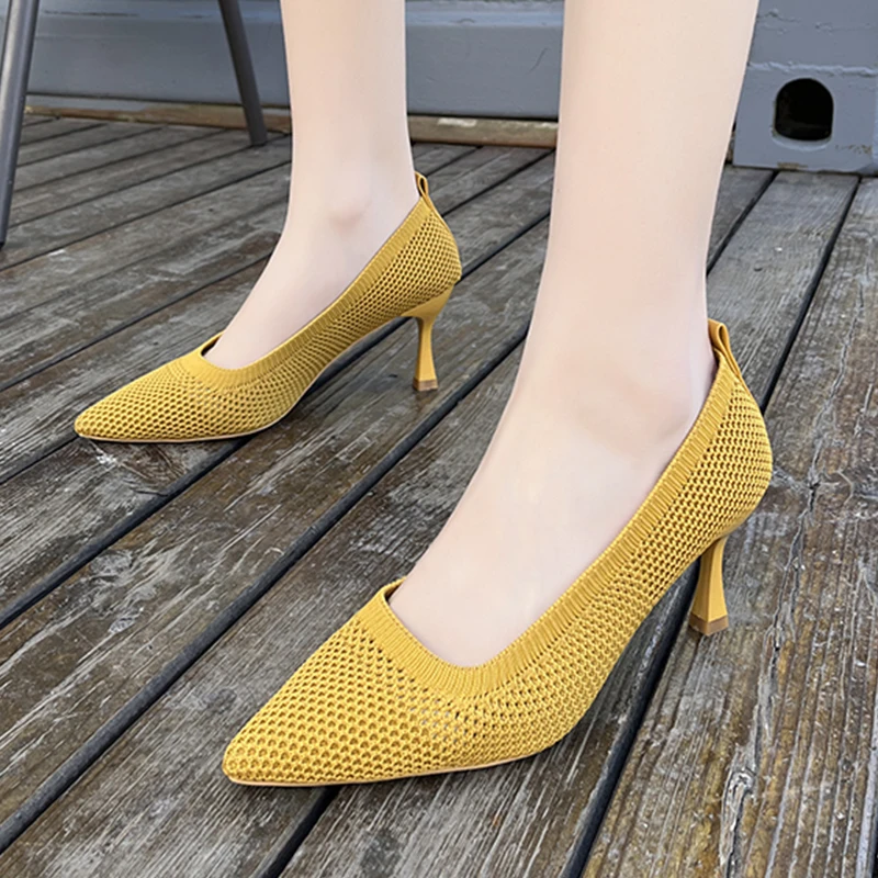

Sexy Knitting Pointed Toe Shoes Women Shallow High Heels Sandals 2024 Fashion New Party Dress Shoes Pumps Autumn Mujer Zapatos