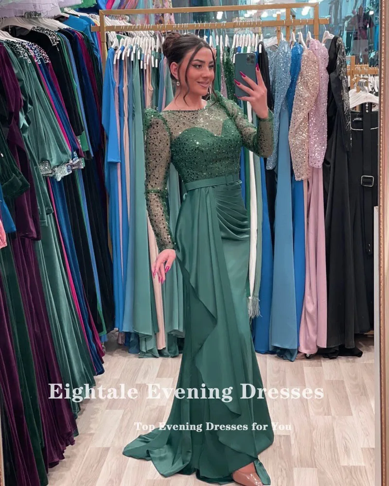 Eightale Dusty Pink Evening Dresses O-Neck Long Sleeves Belt Mermaid Prom Wedding Party Gowns Customized Arabic Robe De Doirée