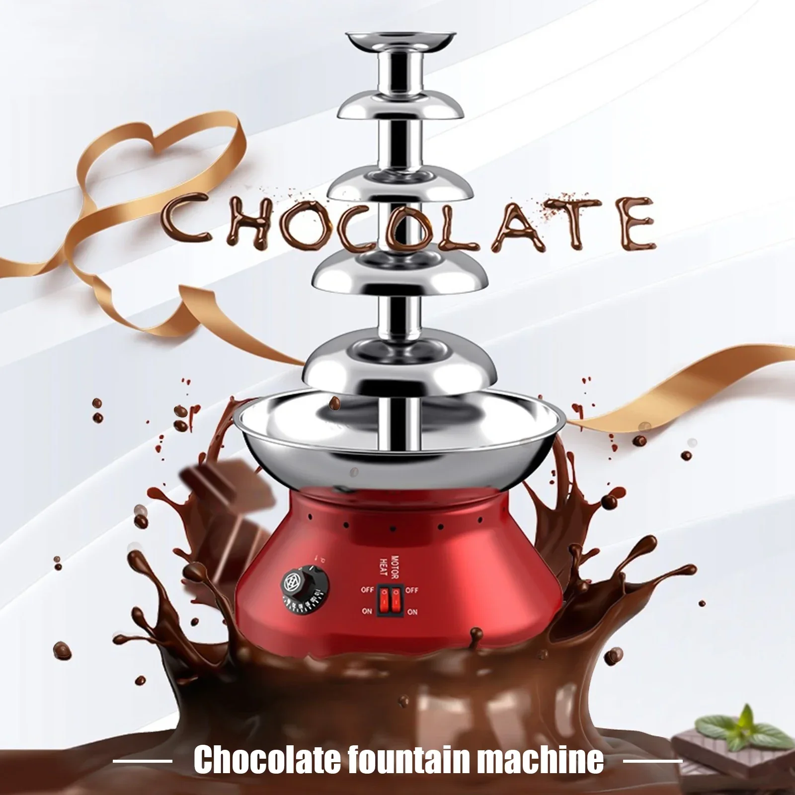 

5-Tier Heated Chocolate Fountain – Large Capacity Commercial Party Fountain in Red Stainless Steel
