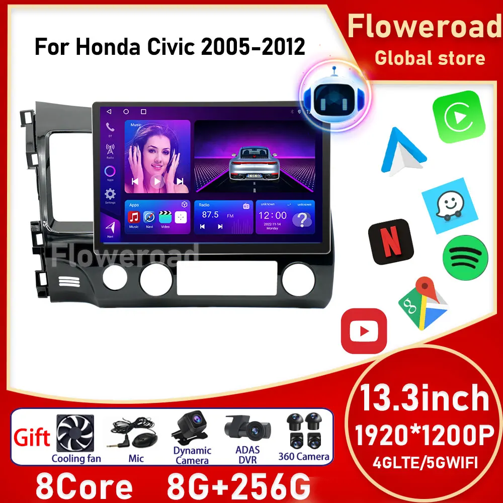 AI Voice Android For Honda Civic 2005 - 2012 Car Radio Multimedia video Player Android Auto 4G GPS Autoradio Carplay Screen