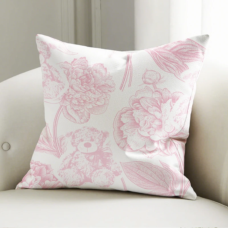 

Pink Teddy & Flower Pillow Cover, Line Art Print Cushion Case, Cute Sofa Bedroom Decor Accent Pillow