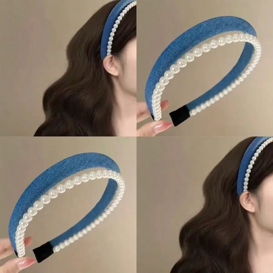 

1Pc Denim Blue Pearl Double-Layer Headband, Non-Slip Comfortable, Elegant, Free Shipping, For Daily Party Wedding Gift