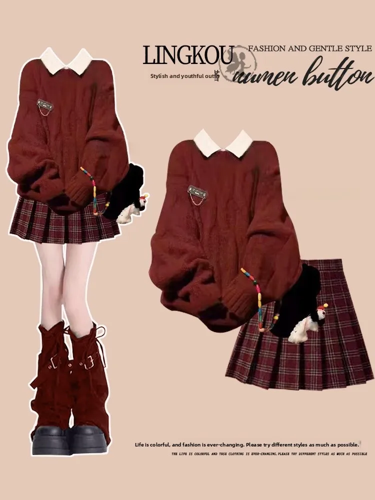 

Осенний вязаный красный свитер Cisas большого размера для колледжа и юбка с высокой талией, комплект из двух предметов для женщин, модный S...