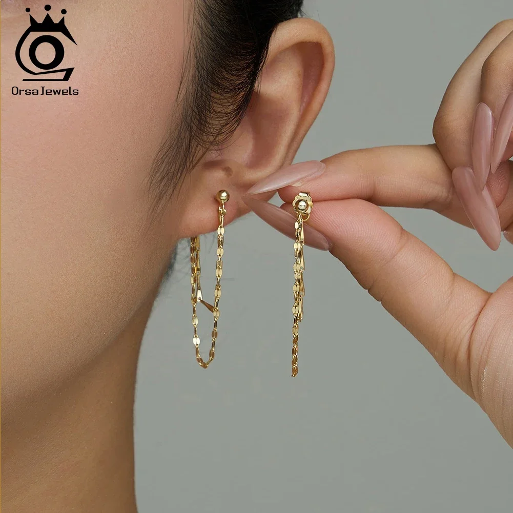 

ORSA JEWELS Double Layers 925 Silver Long Tassel Earrings Sparkling Dangle Chain Earrings for Women Wedding Jewelry APE151