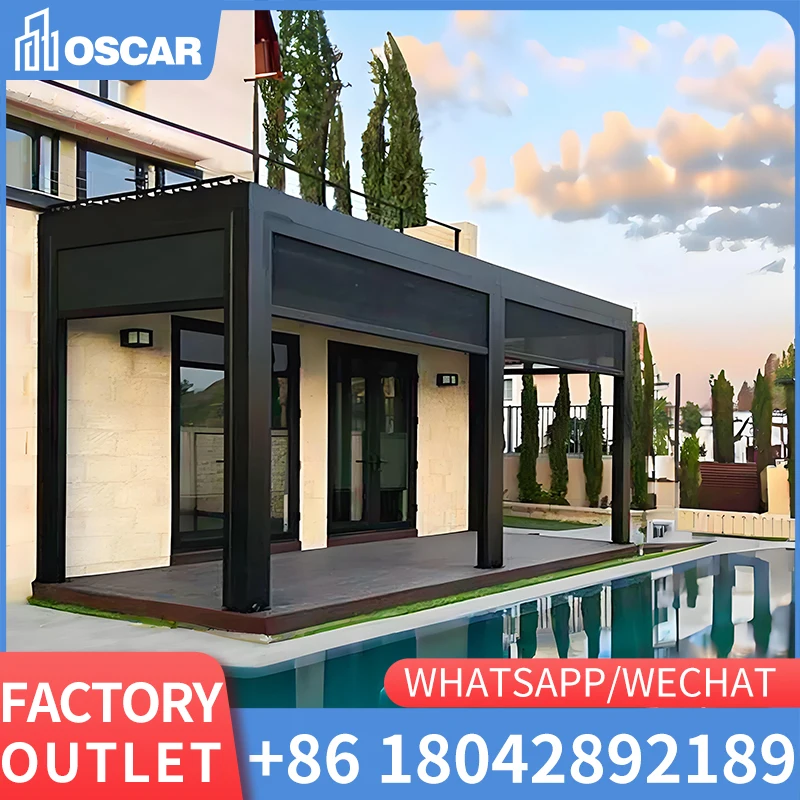 Motorized canopy automatic retractable roof awning waterproof aluminum carport gazebe garden sun shading bioclimatic pergola