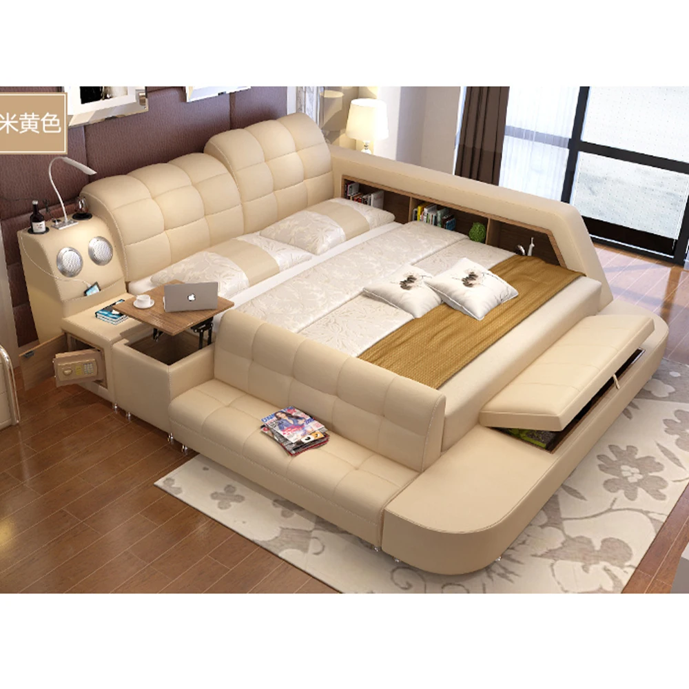 Linlamlim TECH SMART ULTIMATE BED | ALL IN ONE BED | Luxury Multifunctional Genuine Leather Bed with Speakers, USB, Lounge Sofa