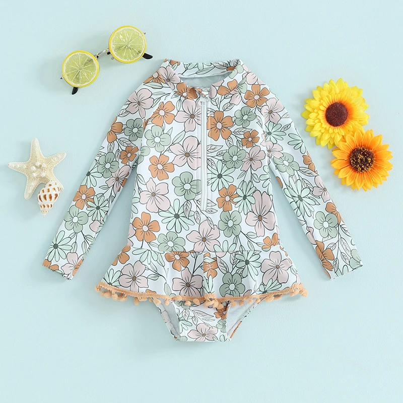 Children's and Girls Summer Beach Bikini Half Zipper Printed Tassel Pendant Long sleeved Swimwear Flower Printed Zipper Swimwear