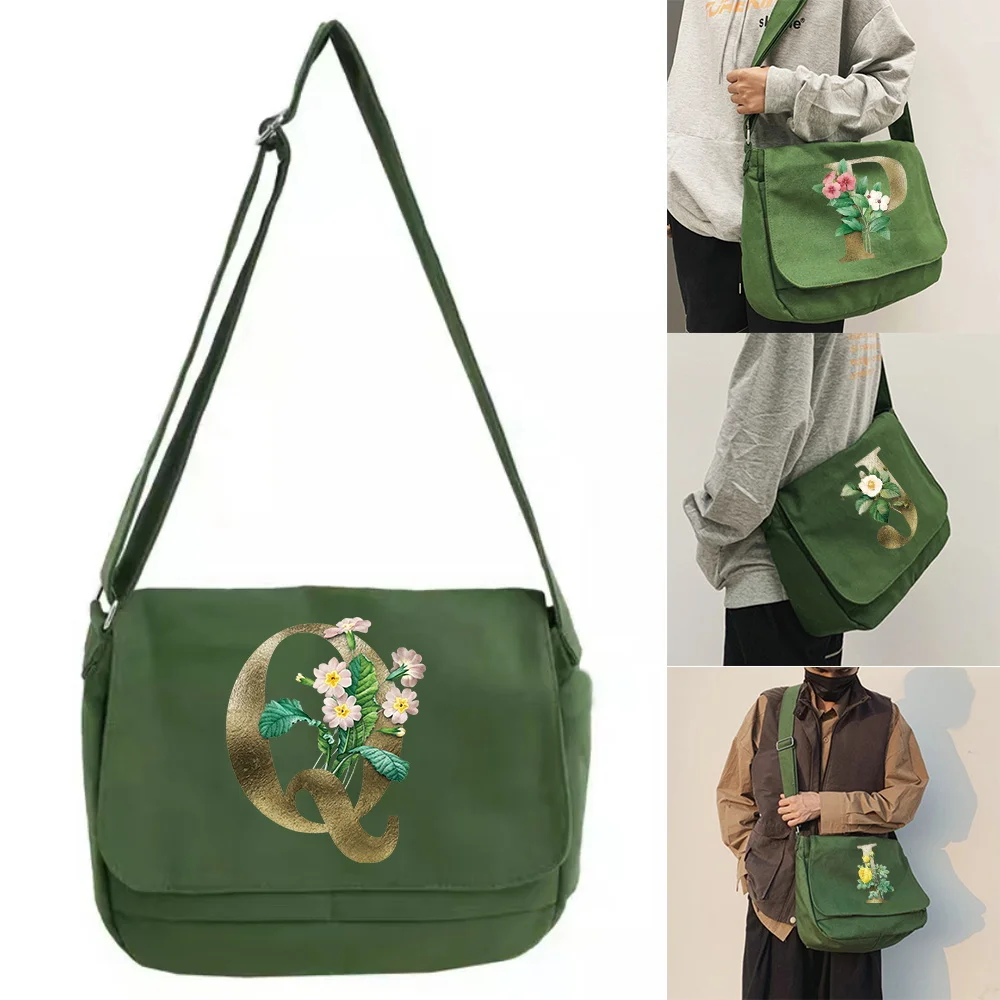 Large Capacity Shoulder Bags Green Canvas Leisure Travel Messenger Bag Golden flower Initial Name Series Women Crossbody Package