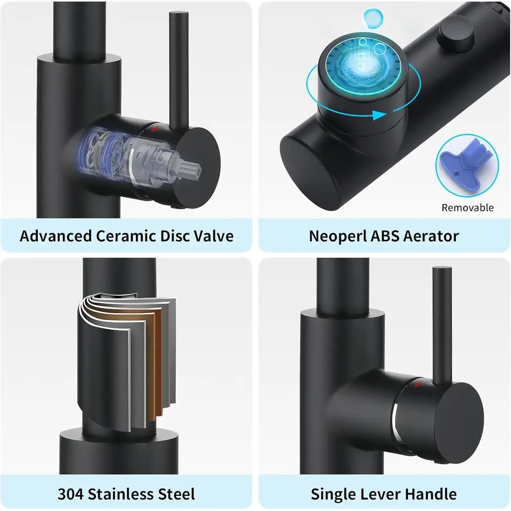 Torneira de cozinha com spray pull-down, misturador de pia de banheiro com alça única, mini torneira de preparação de barra, torneira utilitária de 3 ou 1 furo, mangueira externa f