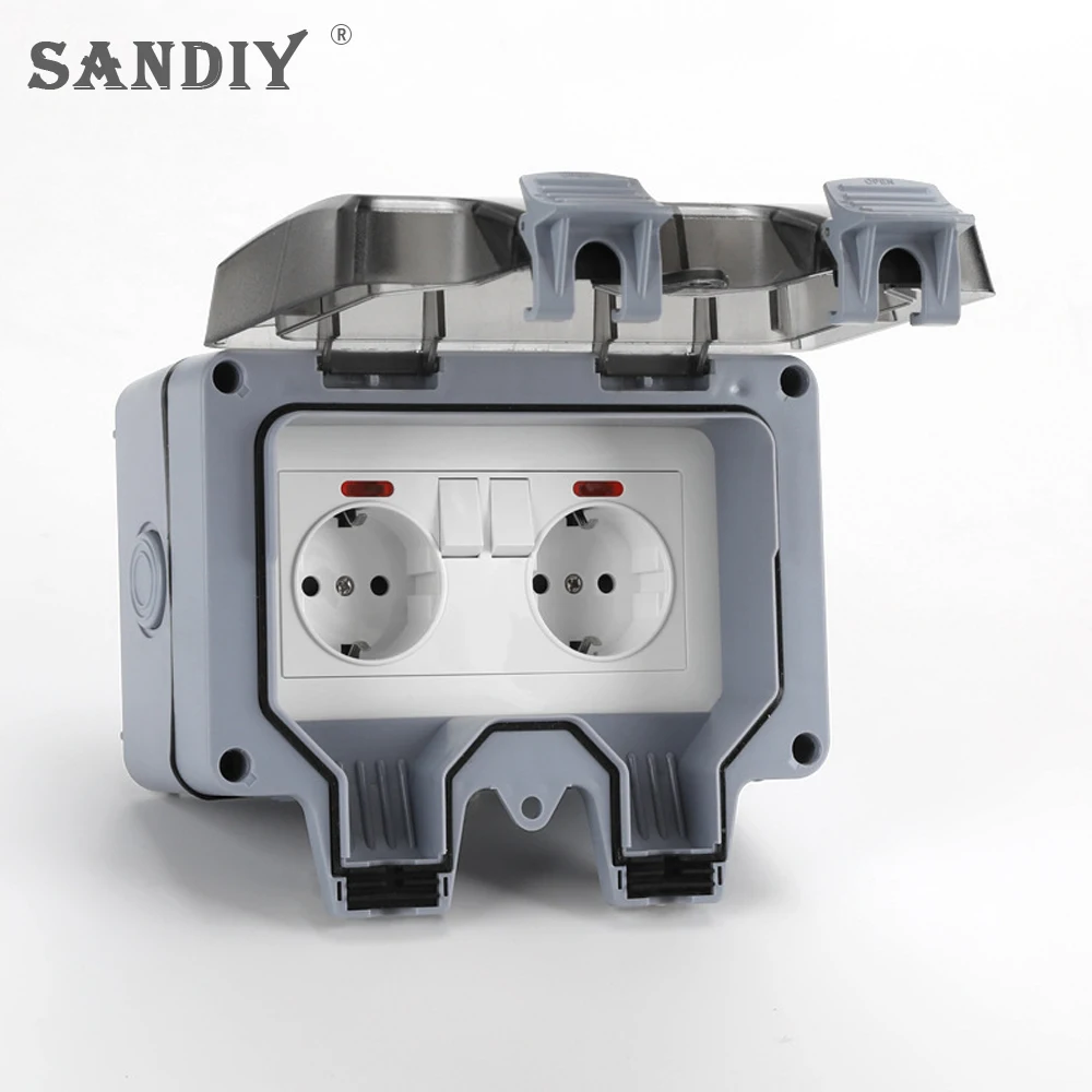 SANDIY Eu Standard  Waterproof Outdoor Power Outlet 16a 220v with Switch Prevent Leakage Electric Plug White Double Socket