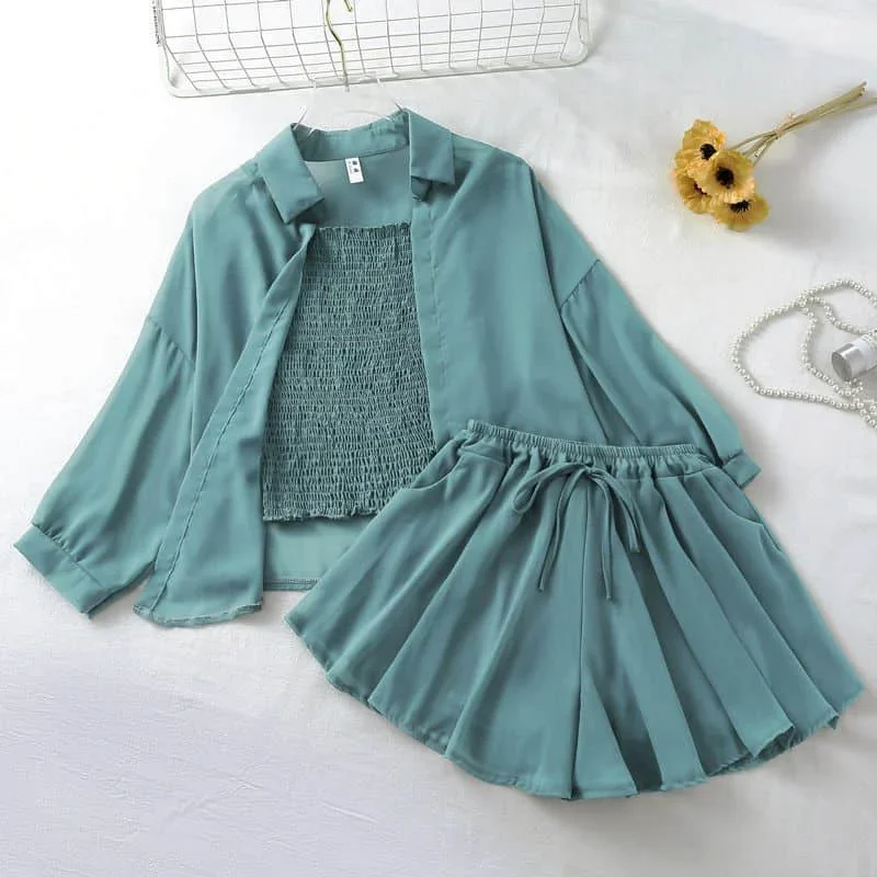 2025 New Fashion Spring Summer Suit Three Piece Sling Top Sunscreen Coat Chiffon Wide Leg Pants Two Pieces Female Coat Sweet Lad