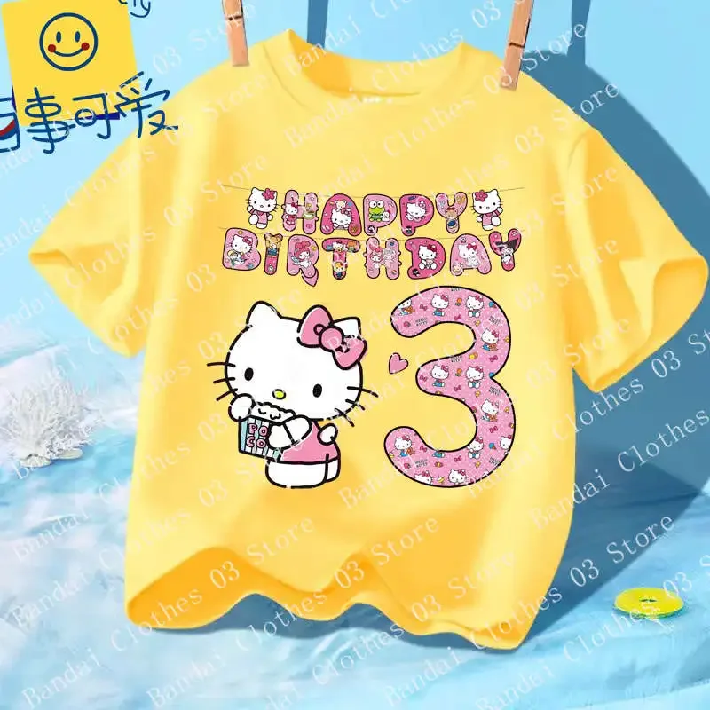 Kids T Shirt Baby Boys Children T-Shirt MINISO Hello Kitty Number Print Kawaii Girls Clothes 1 2 3 4 5 6 7 8 9 10 Years Birthday