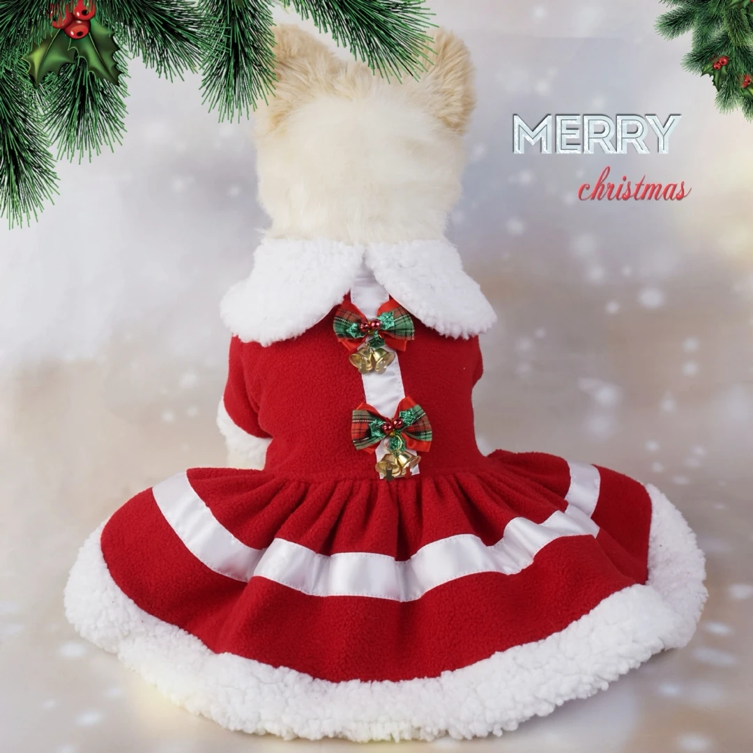 New Small Pet Snowflake Santa Plush And Thickened Red Plush Dress