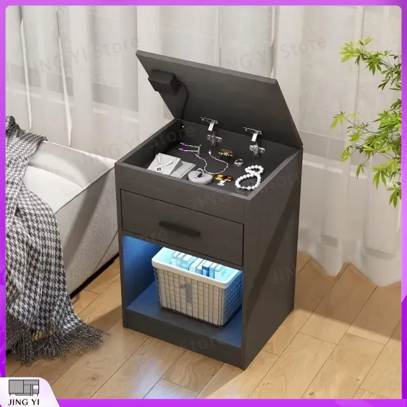 LED Nightstand with USB Charging Station RFID Lock Cabinet Power Outlets Bedroom Side Table Modern Concealed Lighting