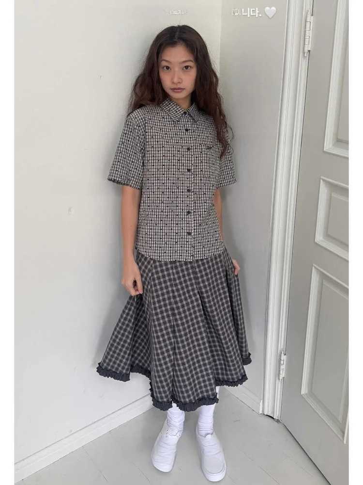 

Retro Japanese Sle Embroidered Heart Plaid Pleated Lace ort Sve irt f Skirt Casual Set Women's Cotton Summer Outfit