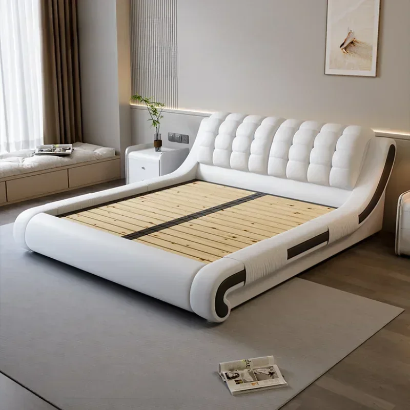 Nordic Modern Double Bed Frame White Princess Pretty Light Luxury Leather Bed Comferter Villa Cama Matrimonial Bedroom Furniture