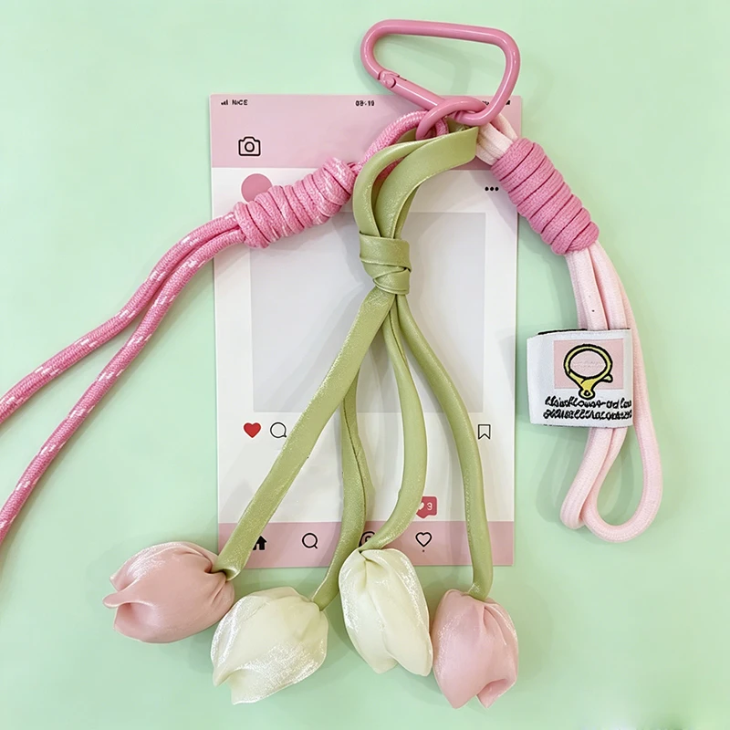 New Fresh Style Tulip Flower Bag Charm High Aesthetic Keychain Handbag Decorative Nylon Lanyard Sweet Spring Style