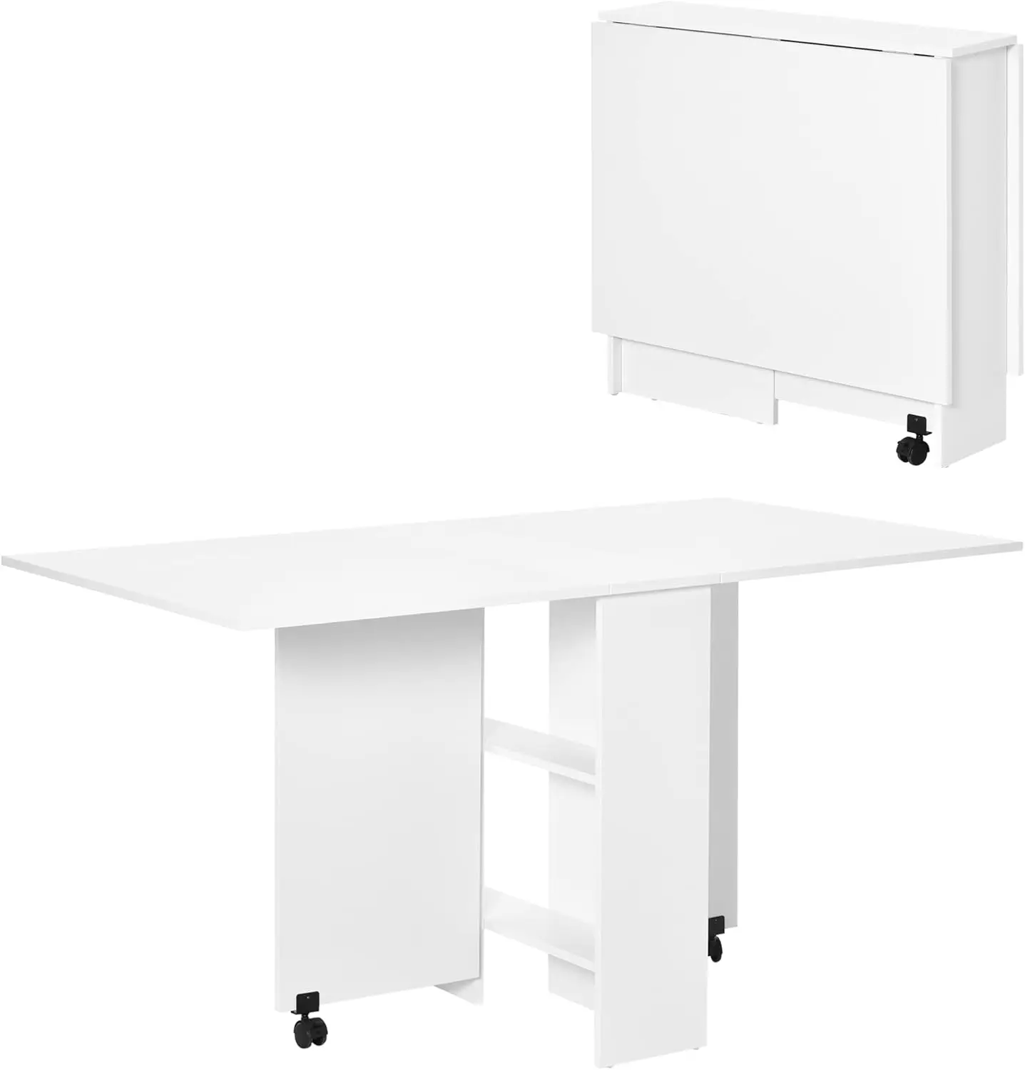 

Mesa Comedor Plegable Mesa Madera con 2 Solapas 2 Estantes de Almacenaje y Ruedas para Cocina 75x140x74 cm Blanco