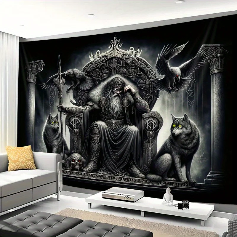 Allfather Odin Throne Tapestry - Norse God with Ravens & Wolves on Ornate Seat, Viking Mythology Wall Art Living Room Decor
