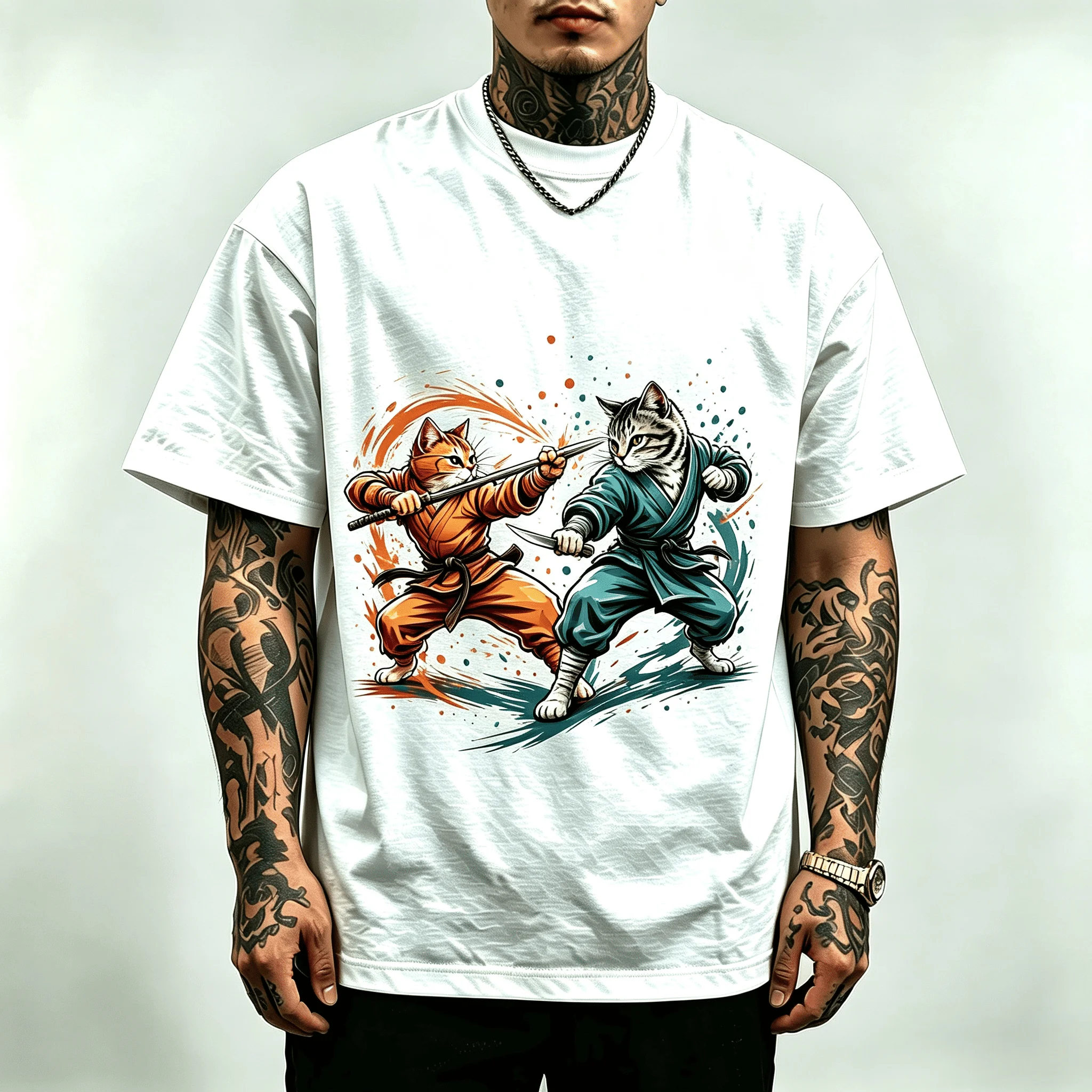Karate Warrior Cats Lightsaber Fight Graphic T-Shirt Men Women Unisex Vintage Kung Fu Cat Battle Print Casual Streetwear Cotton Short Sleeve Tee