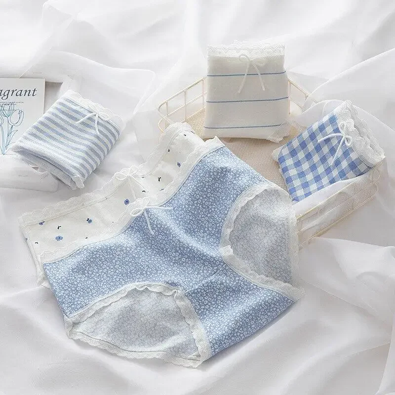 

2023 Women Fashion Underpants Sexy Lace BowKnot Soft Lingerie Ladies Briefs Plaid Striped Printed Pantys Women's Intimates