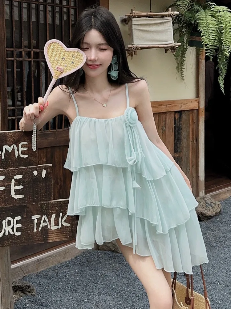 

Summer New Style Small Design Sense 3D Rose Chiffon Strapless Cake Hem Vacation Sleeveless Top Women's Fashion Korean Version