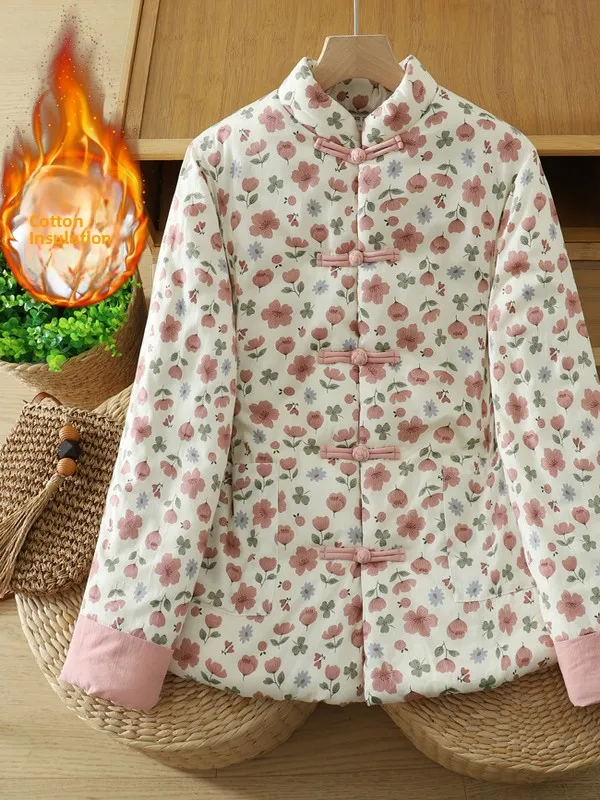 Manteau chaud en coton imprimé Floral, coupe ample, boutonné, vêtements d'extérieur d'hiver, Ele Lady pour les déplacements, tissu imprimé non à capuche