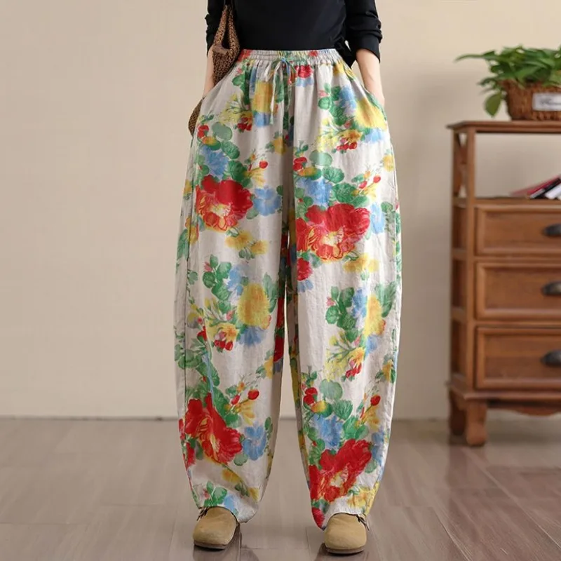 

Women's Plus Size Vintage Floral Print Cotton Linen Pants Casual Loose Drawstring Wide Leg Trousers For Spring Fall