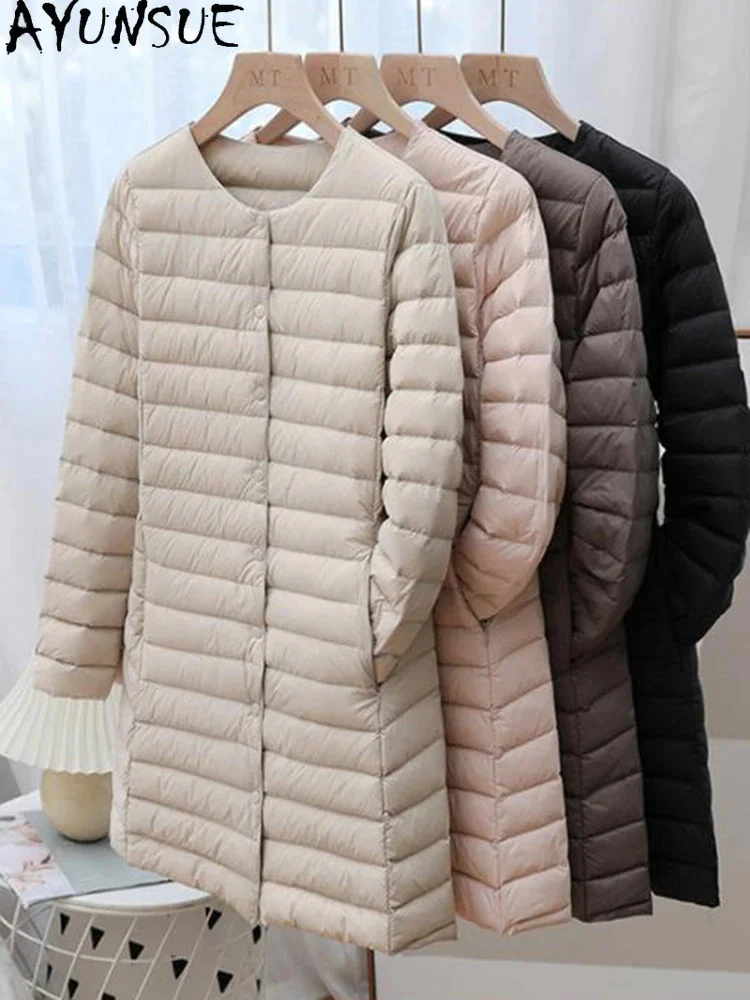 

Winter AYUNSUE Ultra Light Thin White Duck Down Coat Women Autumn Long Slim Warm Basic Puffer Jacket Chamarras Para Mujer