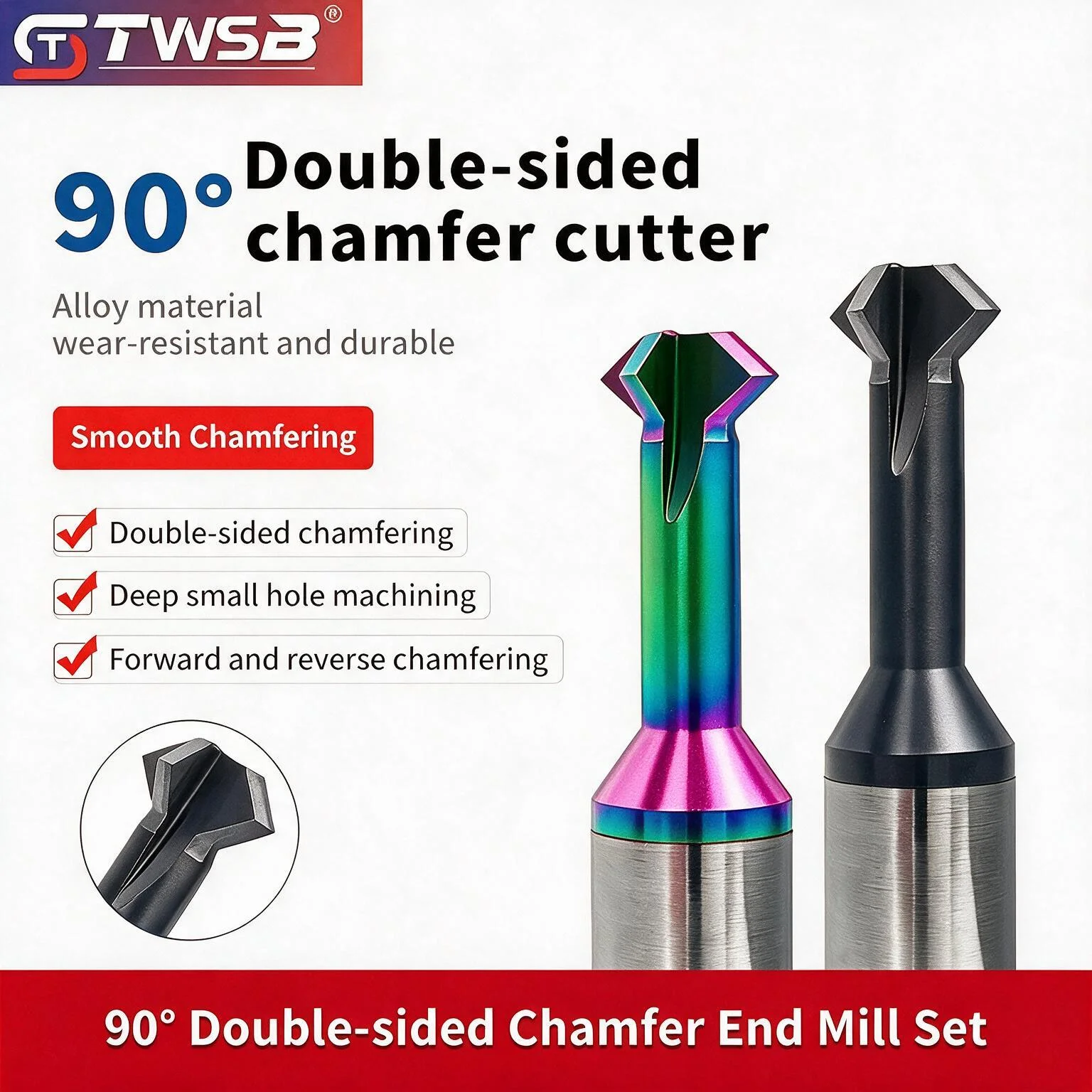 90° Double‑Sided Chamfer End Mill, Coated Tungsten Carbide Up‑Down Inner Hole Chamfer Milling Cutter for CNC