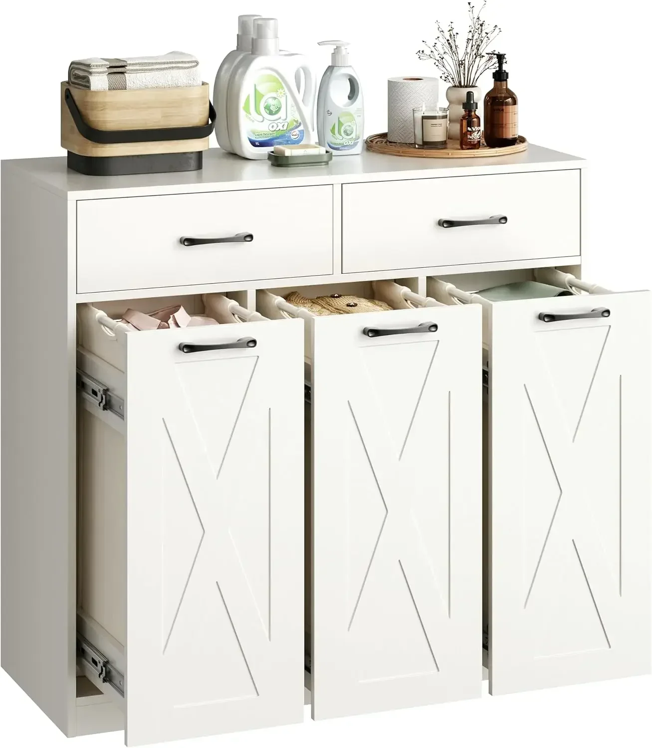 

Laundry Hamper Cabinet, Laundry Basket 3 Section with 2 Storage Drawers, Laundry Sorter with Pull-Out Removable Large Bags, 3 x