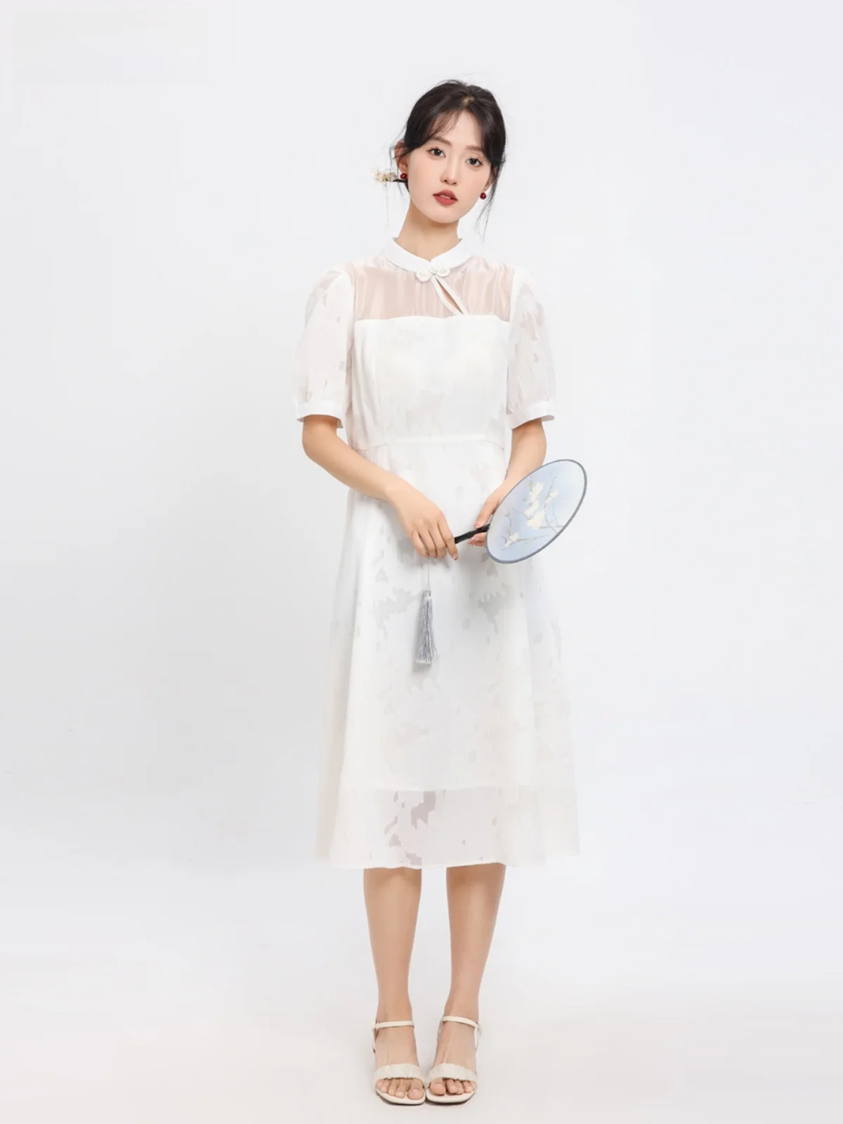 

Ele Chinese Collar Dr Women's Summer New Sle Light Weighted round Ne Midi Dr Embroidered ort Sve Gown