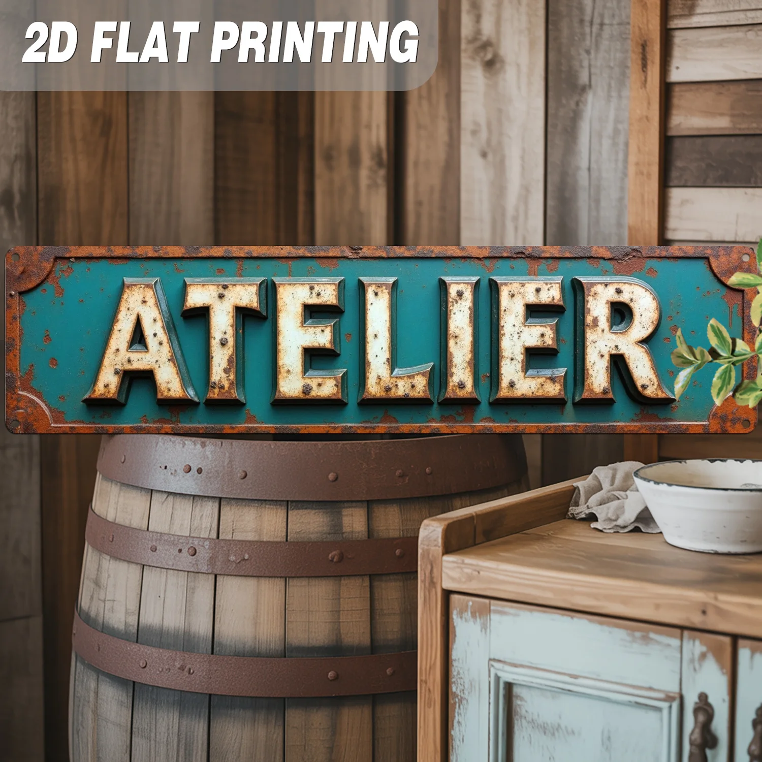 2D Flat, 1 Piece Pack, Vintage Workshop Metal Sign, Vintage French Workshop Decor, Wall Hanging, Rustic Style Wall Decor