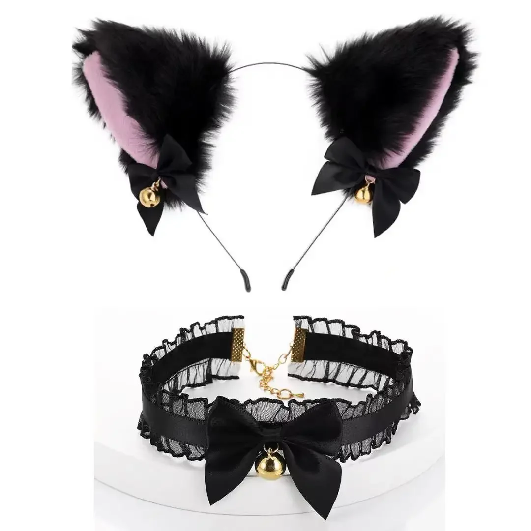 

Animal Ears Headband Lace Hairband with Bowknot Bell Collars Costume for Girls Women Halloween