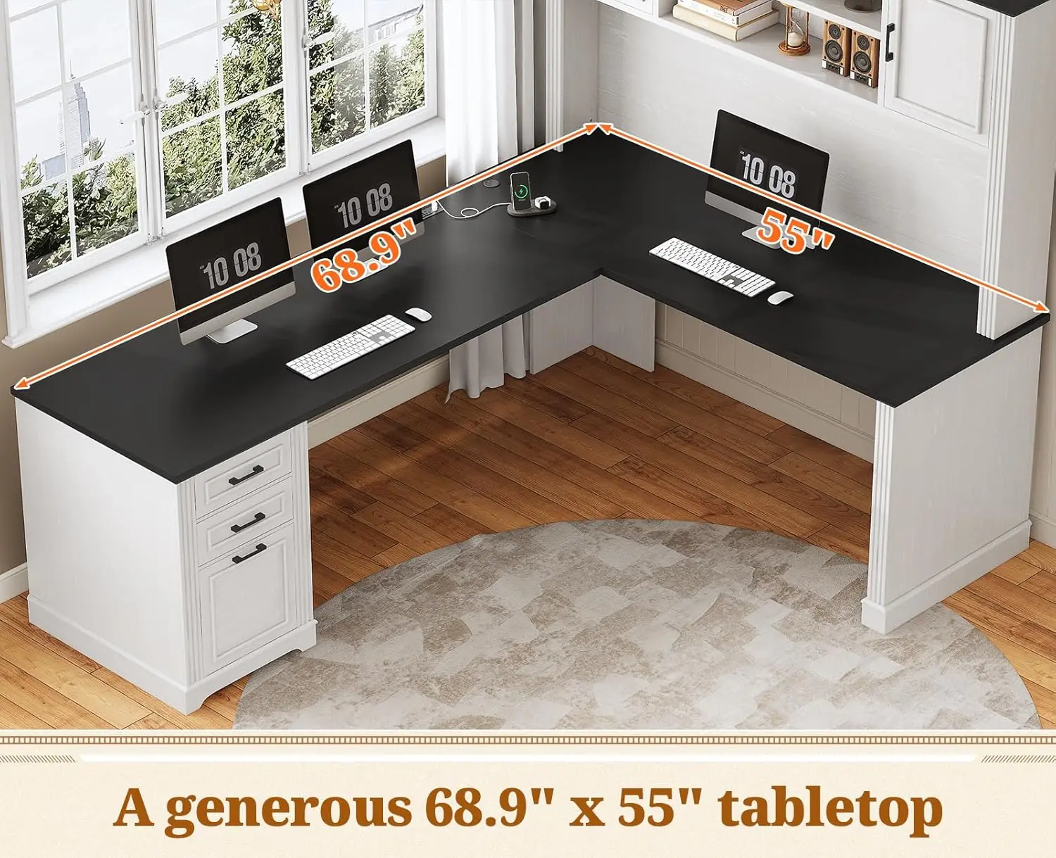 

L Shaped Executive Computer Desk with Hutch 3 Drawers File Drawer Power Outlet Storage Shelves 68.9in Home Office , Custom