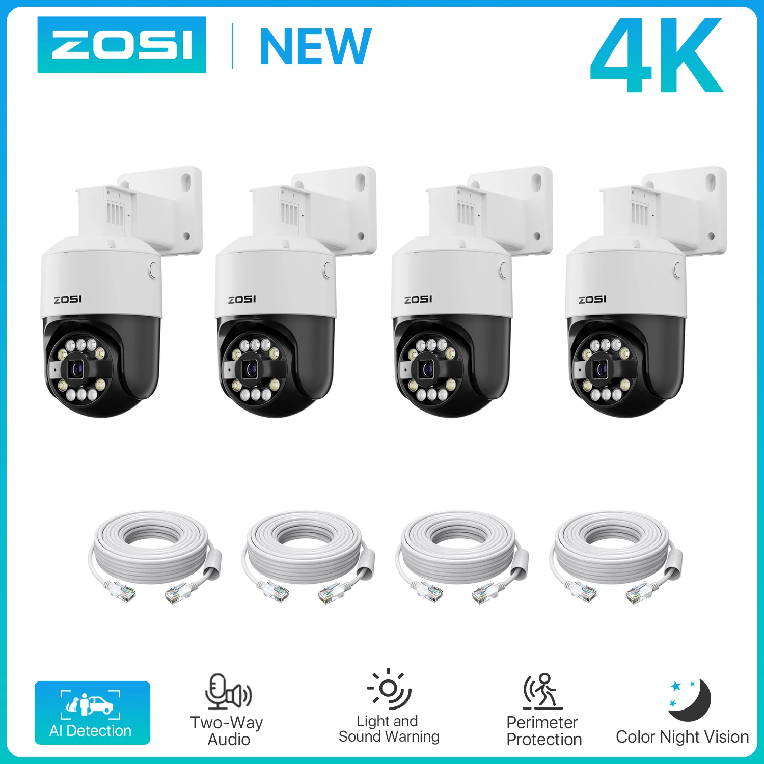 ZOSI-Caméra de surveillance extérieure PTZ IP PoE HD 8MP/2PK/4PK (C296), dispositif de sécurité sans fil, avec détection de véhicule humain et vision nocturne (4K)