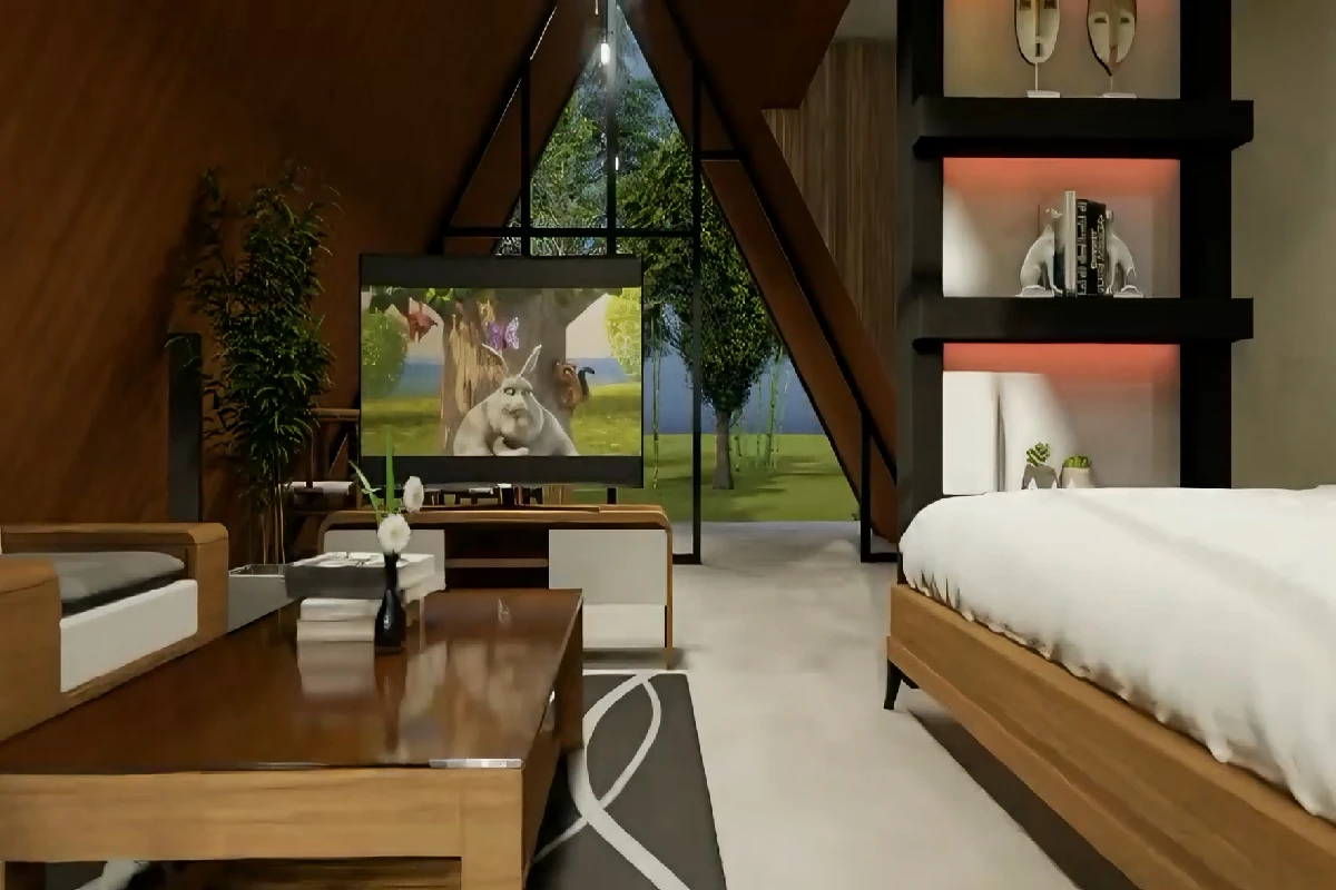 Casa de madera triangular de dos pisos con dormitorio y baño