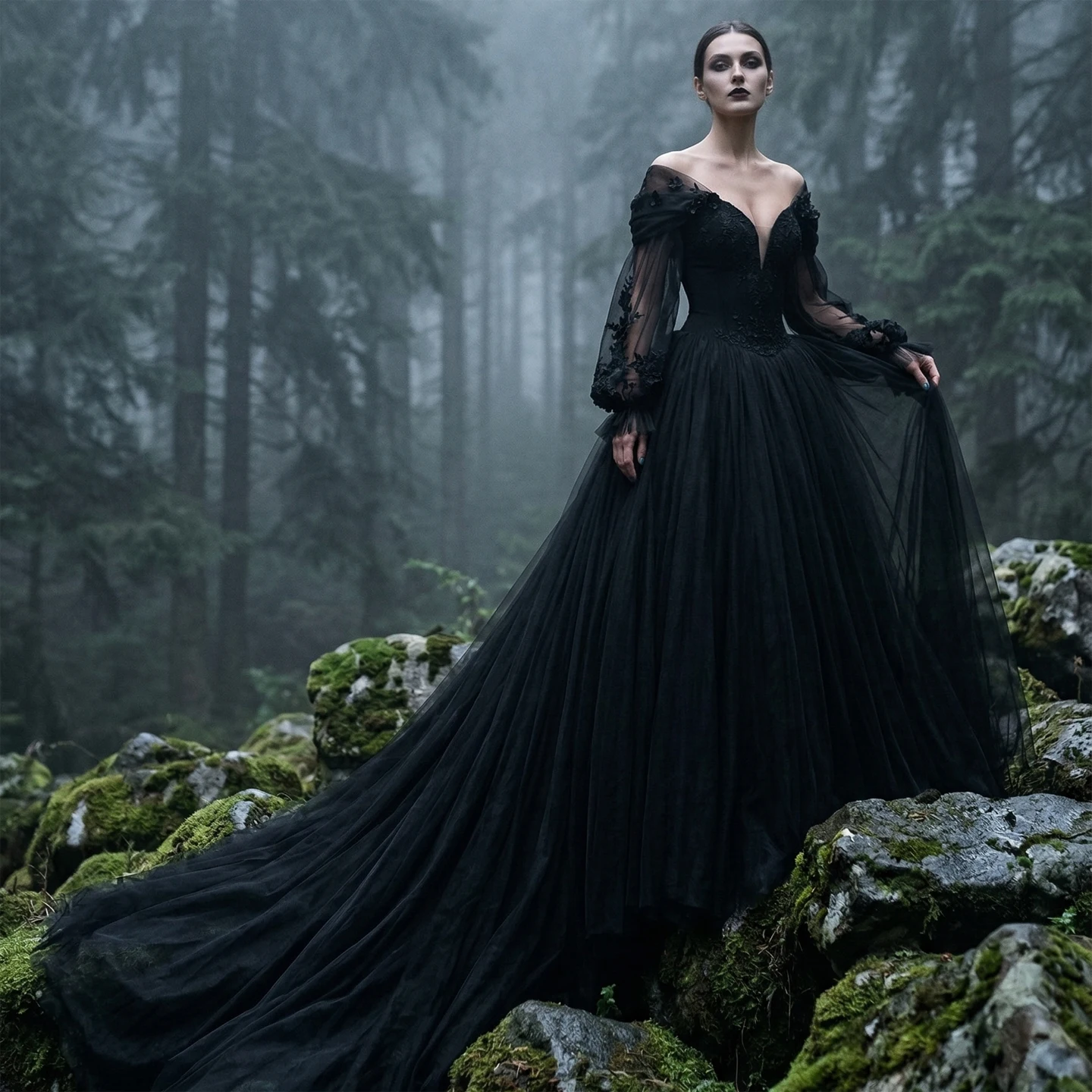 

Sharon Said Black Gothic Wedding Dress Off Shoulder Puffy Long Sleeves 3D Floral Appliques Corset Bride Gowns SW563 Customized