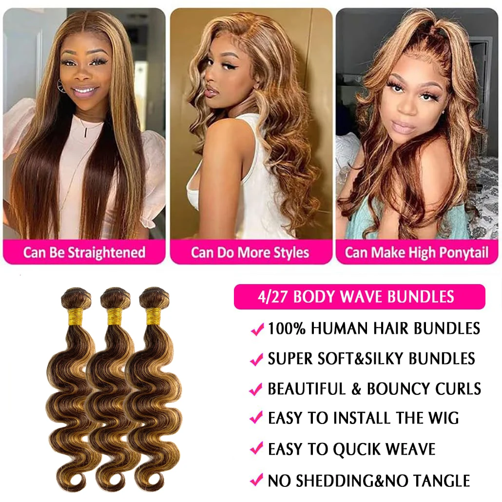 Unprocessed Body Wave Hair Extensions, Ombre Brown Hair Bundles, Quick Weave, P4 27 Destaque Pacotes, 100% cabelo humano, 30"