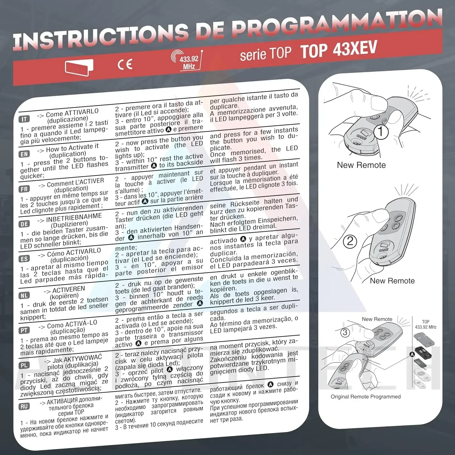 2 xTOP432-EV TELEcommande Motorisation Portail Porte de Garage 433,92 MHz 2 Canaux Garantie de 3 Ans