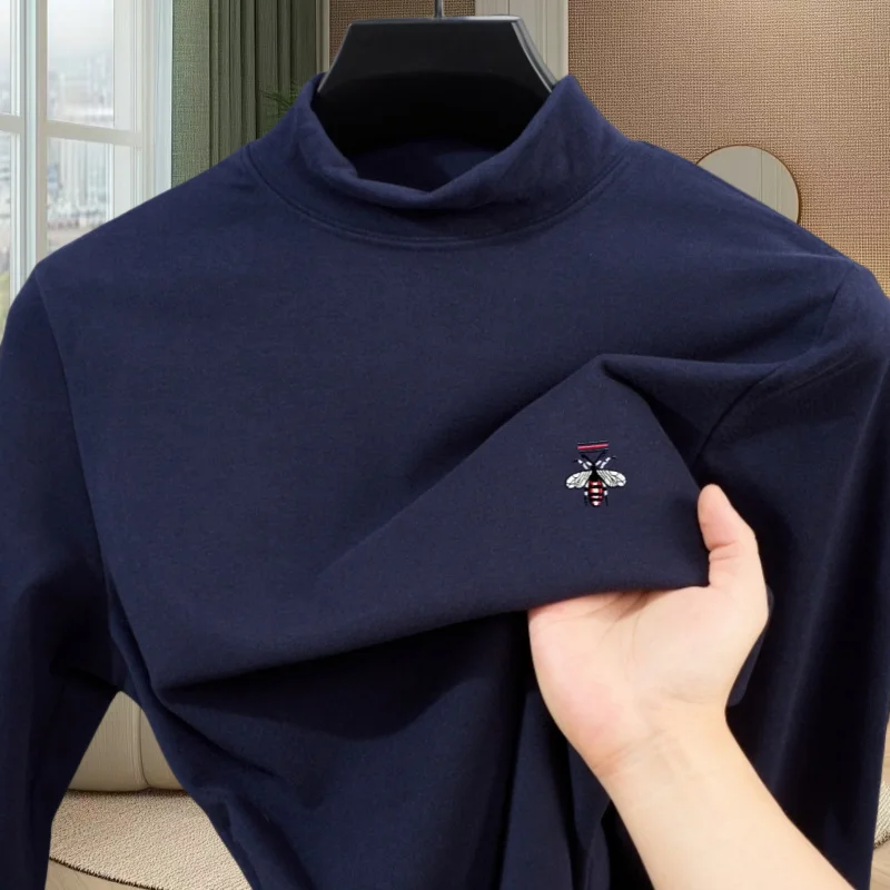 

Высококачественная персонализированная мужская классическая футболка с вышивкой пчелы, высоким воротом, для весны и осени, новый бархатный хит продаж, пуловер