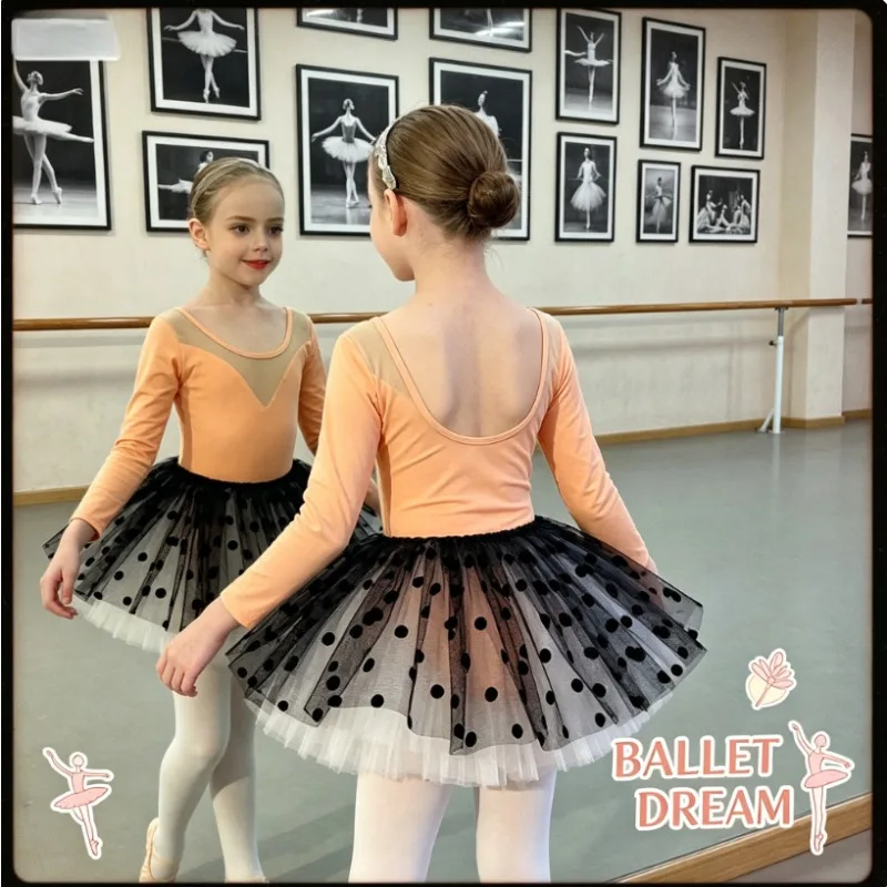 Orange Long Sleeve Girls Dance Costume Autumn Kids  Ballet Dance Training Split Ballet Tutu Toddler Stage Practice Dance Wear view 2